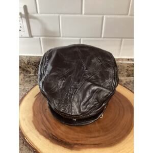 Genuine Leather Men’s Hat Brown Patch Work Beret Cap One Size
